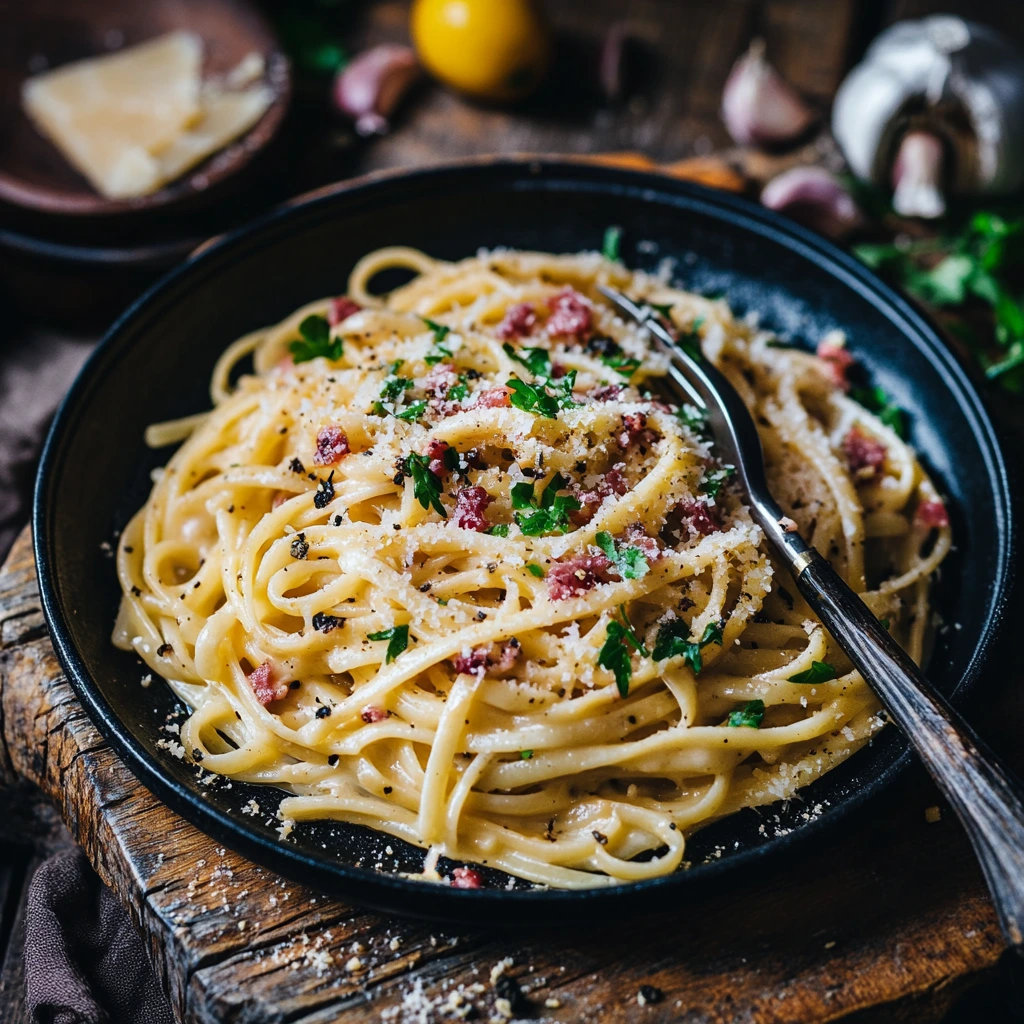 A bowl of creamy vegetarian healthy pasta carbonara, garnished with fresh herbs, grated cheese, and black pepper.