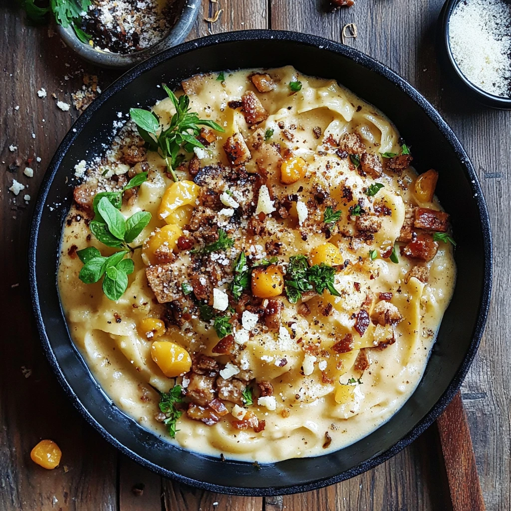 A bowl of creamy vegetarian pasta carbonara, topped with sautéed mushrooms, fresh herbs, grated cheese, and black pepper.