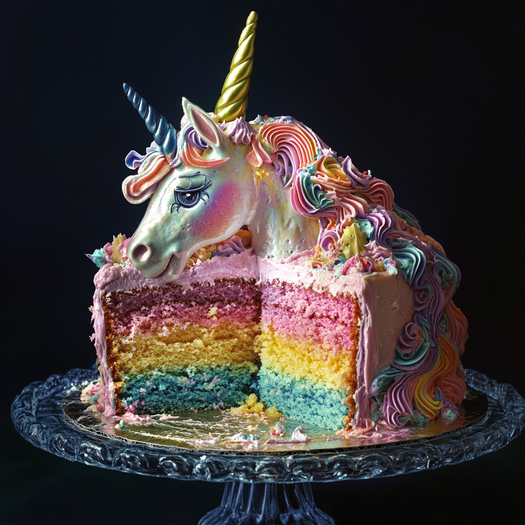 A colorful unicorn cake featuring pastel swirls, a shining golden horn, and a dreamy design of flowers and sparkles. Perfect for a magical birthday celebration.