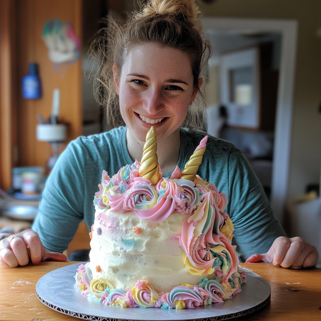 A beautifully decorated unicorn cake with vibrant pastel icing, a shimmering golden horn, and intricate flower embellishments