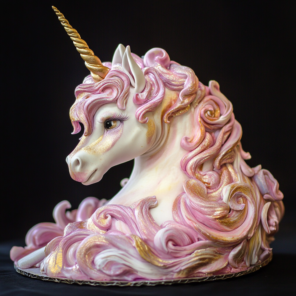 A beautifully decorated unicorn cake with a shimmering golden horn, vibrant rainbow-colored mane, and glittery details to make it stand out at a celebration