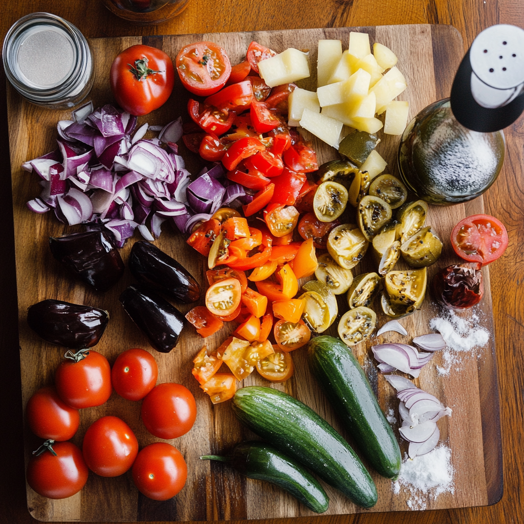 A colorful assortment of fresh vegetables and ingredients for ratatouille, arranged neatly on a wooden cutting board.