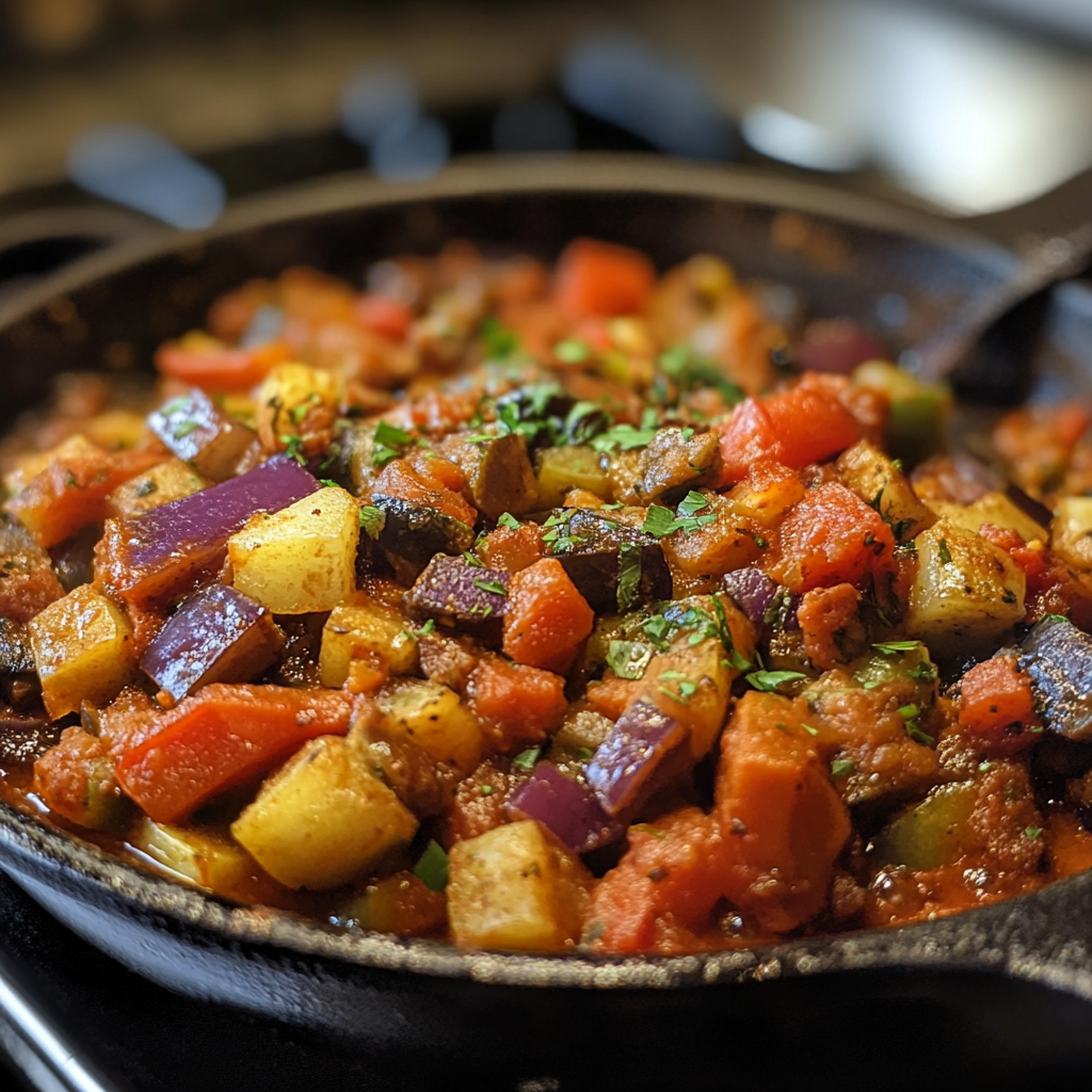 A colorful ratatouille featuring layered slices of zucchini, eggplant, tomatoes, and bell peppers, baked in a rich tomato sauce and garnished with fresh herbs.