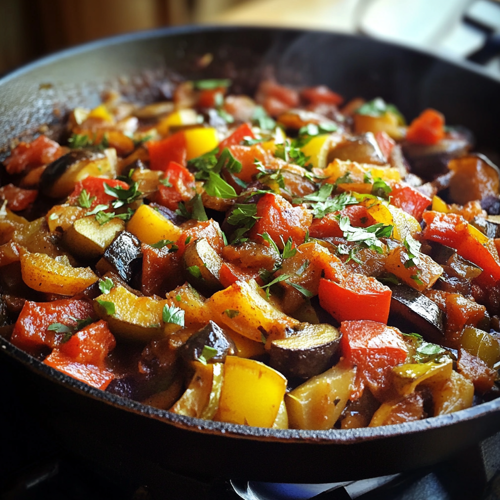 A classic ratatouille dish with colorful layers of zucchini, eggplant, tomatoes, and bell peppers, baked in tomato sauce and garnished with fresh thyme.