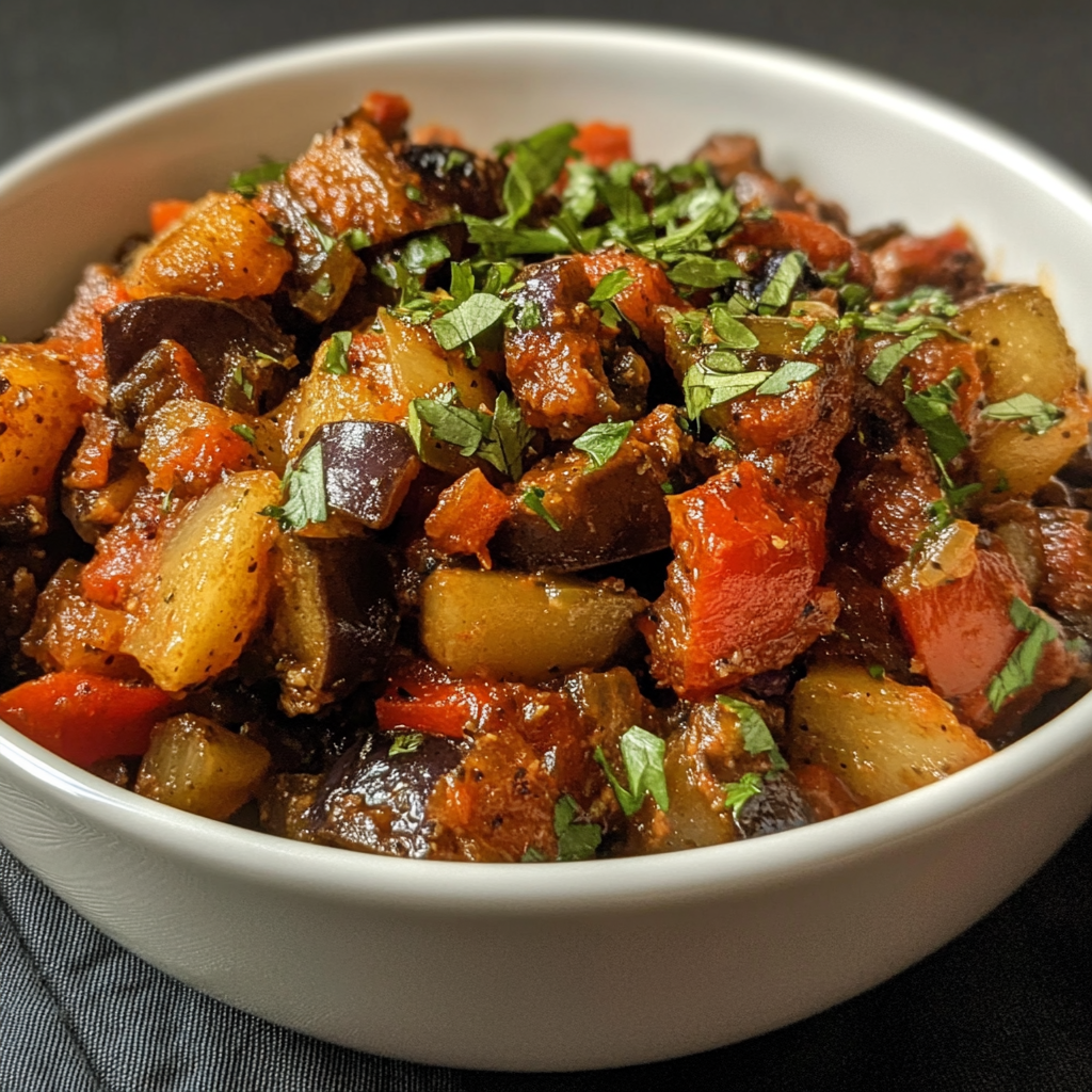 A bowl of traditional ratatouille featuring diced eggplant, zucchini, tomatoes, and peppers, garnished with fresh parsley.