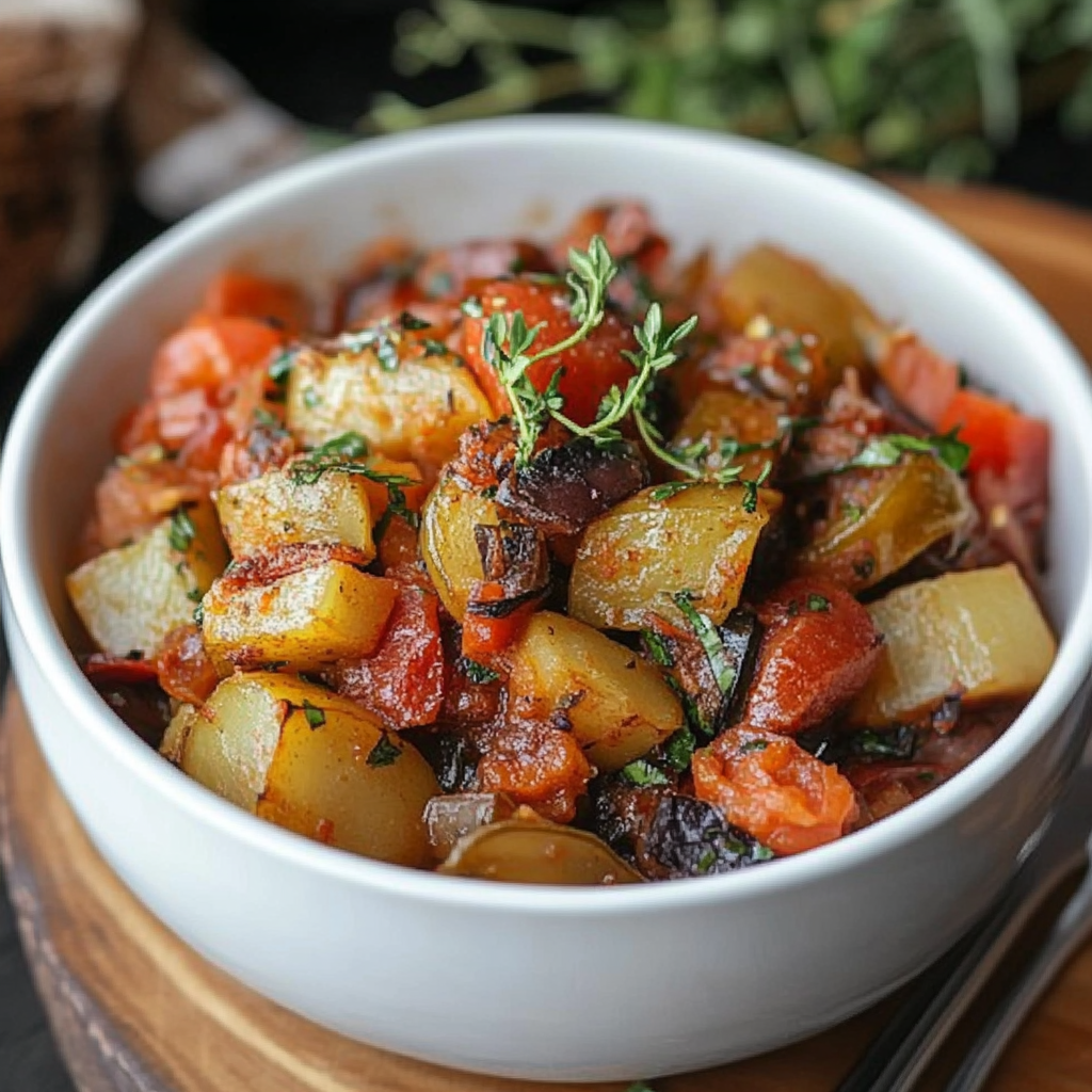 A vibrant vegan and gluten-free ratatouille made with layered slices of zucchini, eggplant, tomatoes, and bell peppers, served in a rich tomato sauce and garnished with fresh basil.