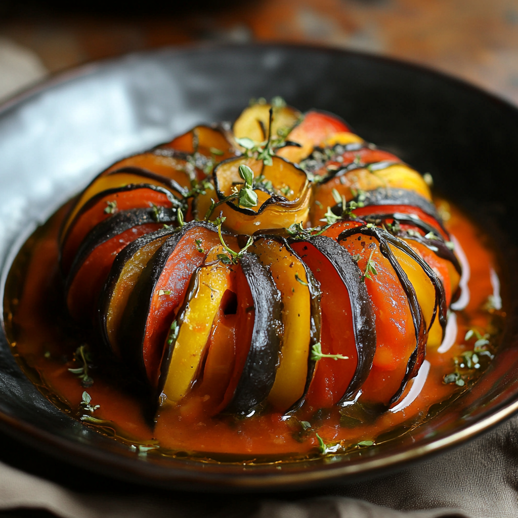 A beautifully arranged ratatouille dish with layers of zucchini, eggplant, and tomatoes in a rich tomato sauce, garnished with fresh thyme.