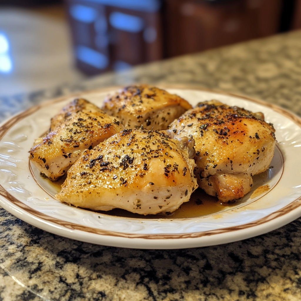 A plate of golden-brown roasted chicken thighs seasoned with herbs, resting on a decorative ceramic plate on a granite countertop.