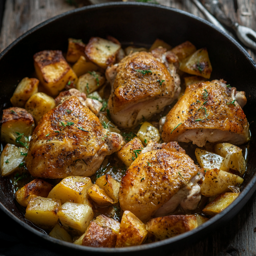 Golden-brown roasted chicken thighs and crispy potatoes in a cast-iron skillet, garnished with fresh herbs.