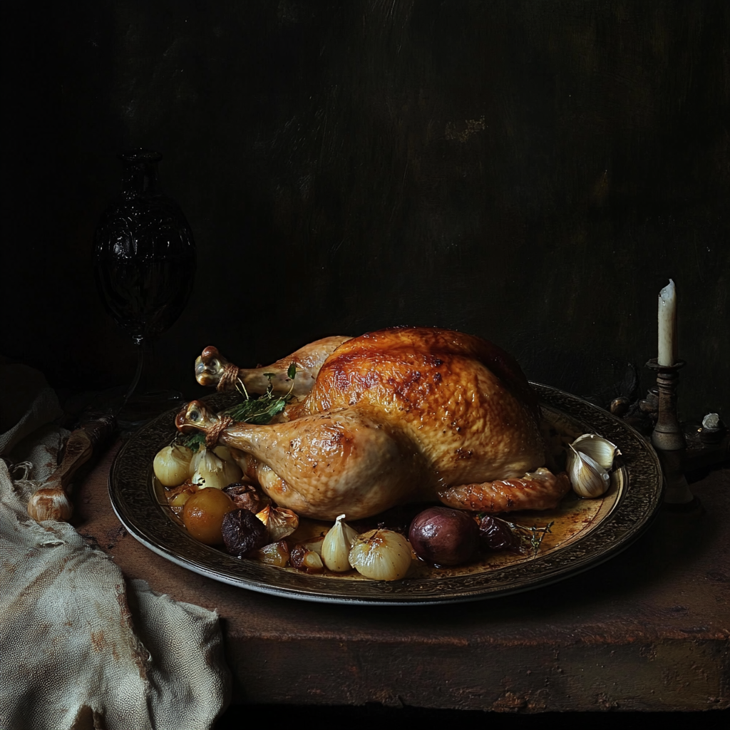 A golden-brown roasted chicken surrounded by roasted vegetables.