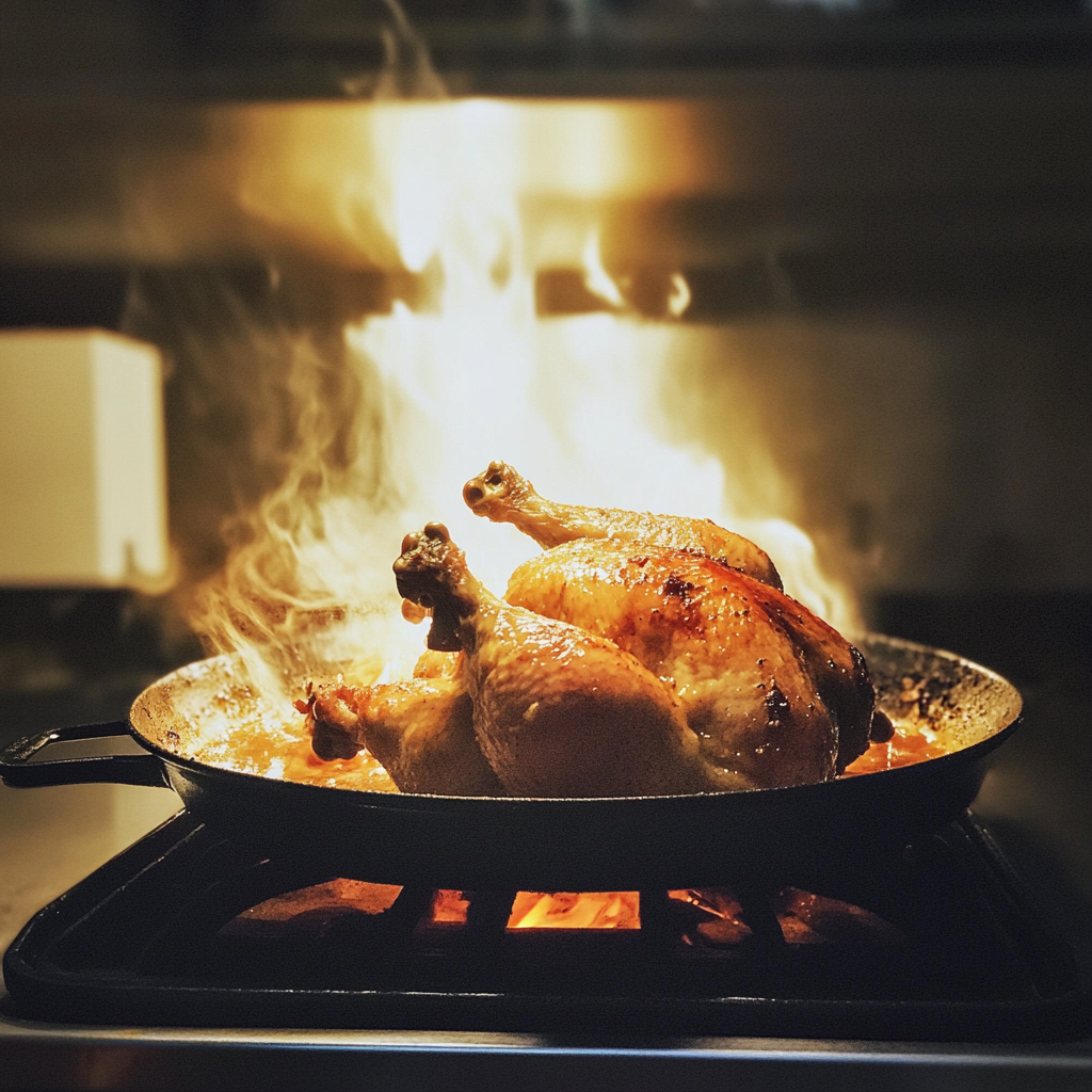 A raw chicken seasoned with herbs and spices in a pan, ready to be roasted.