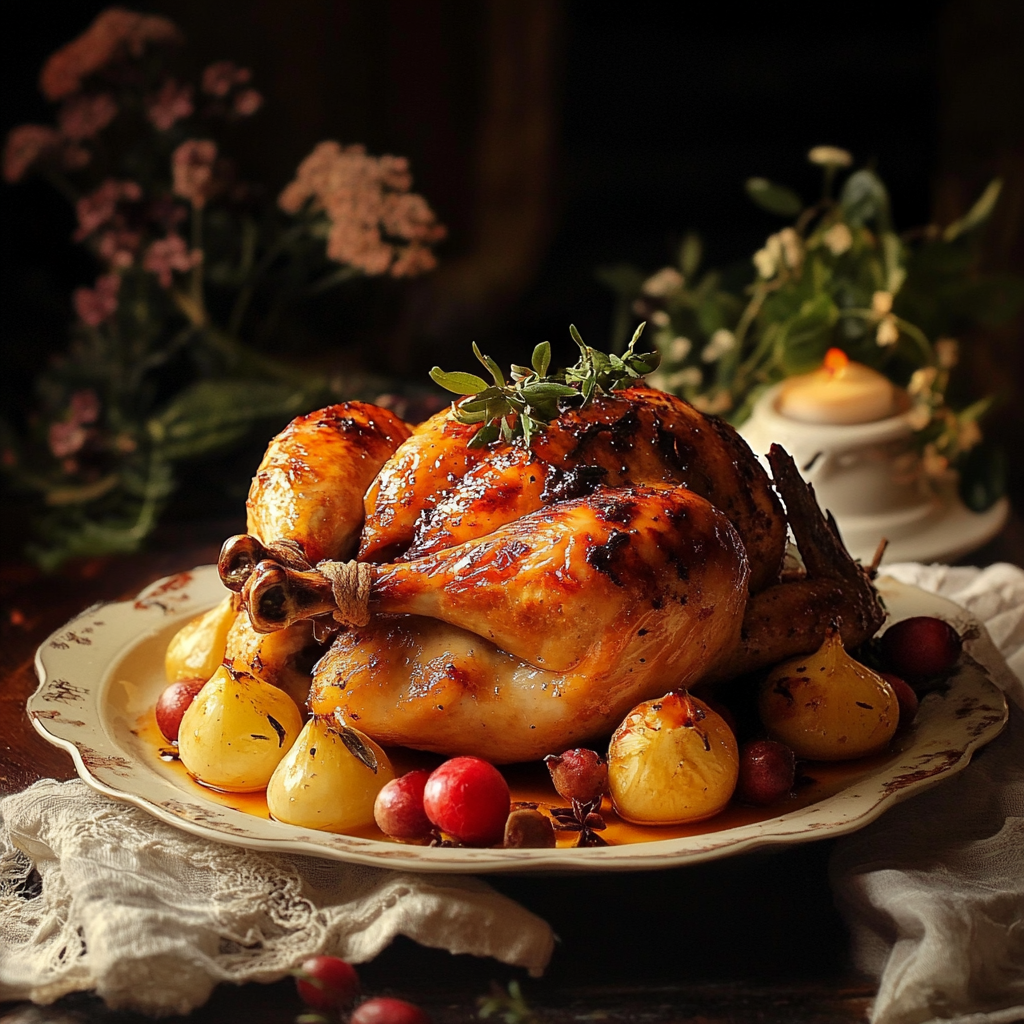 A beautifully roasted whole chicken glazed with herbs and surrounded by pearl onions and cranberries, served on a vintage plate with a rustic, candle-lit background.