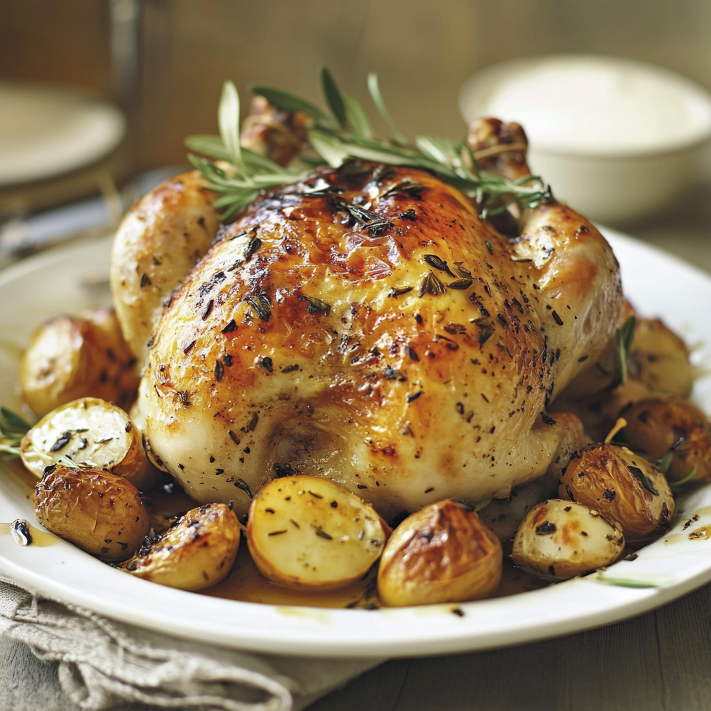 A seasoned roast chicken with golden-brown skin, garnished with fresh herbs, served on a platter with roasted potatoes.