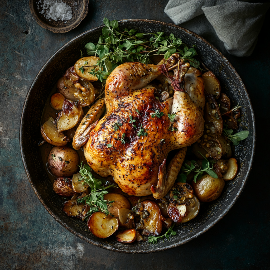 A golden-brown roasted whole chicken garnished with fresh herbs, served on a platter with vegetables