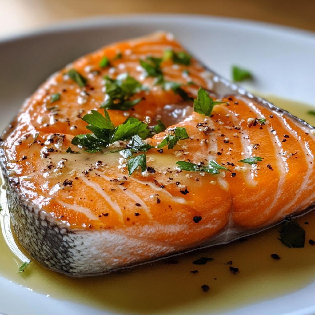 A herb-crusted salmon steak topped with a golden crust.