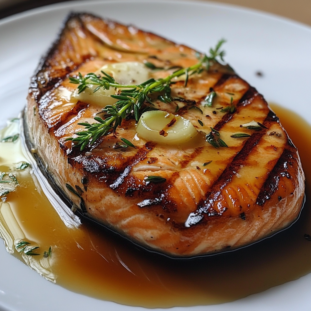 A succulent salmon steak garnished with fresh herbs and served on a white plate.