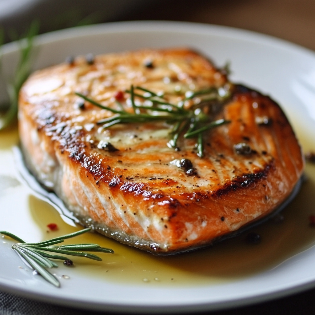 A perfectly seared salmon steak garnished with fresh rosemary and black peppercorns, served on a white plate with a golden sauce drizzle.