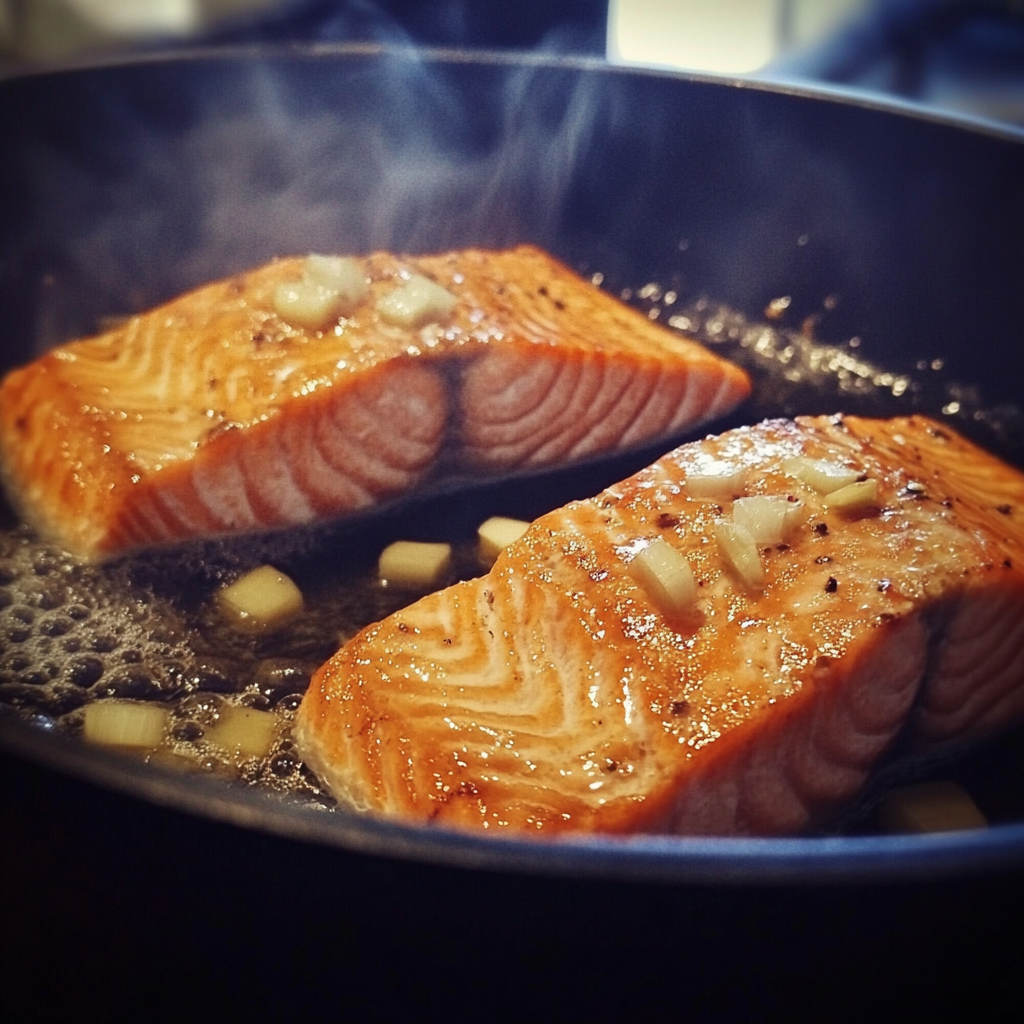 Two salmon steaks sizzling in a pan with diced garlic and seasoning.