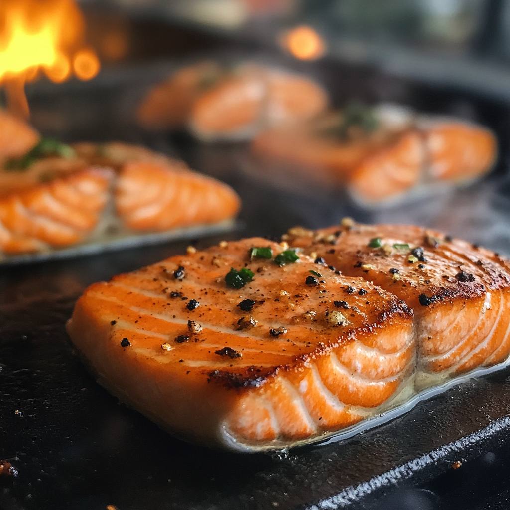 A salmon steak sizzling, surrounded by bubbling oil and aromatic herbs.