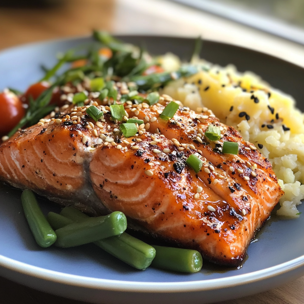 A glazed salmon steak topped with sesame seeds and green onions, served with mashed potatoes, green beans, and cherry tomatoes.