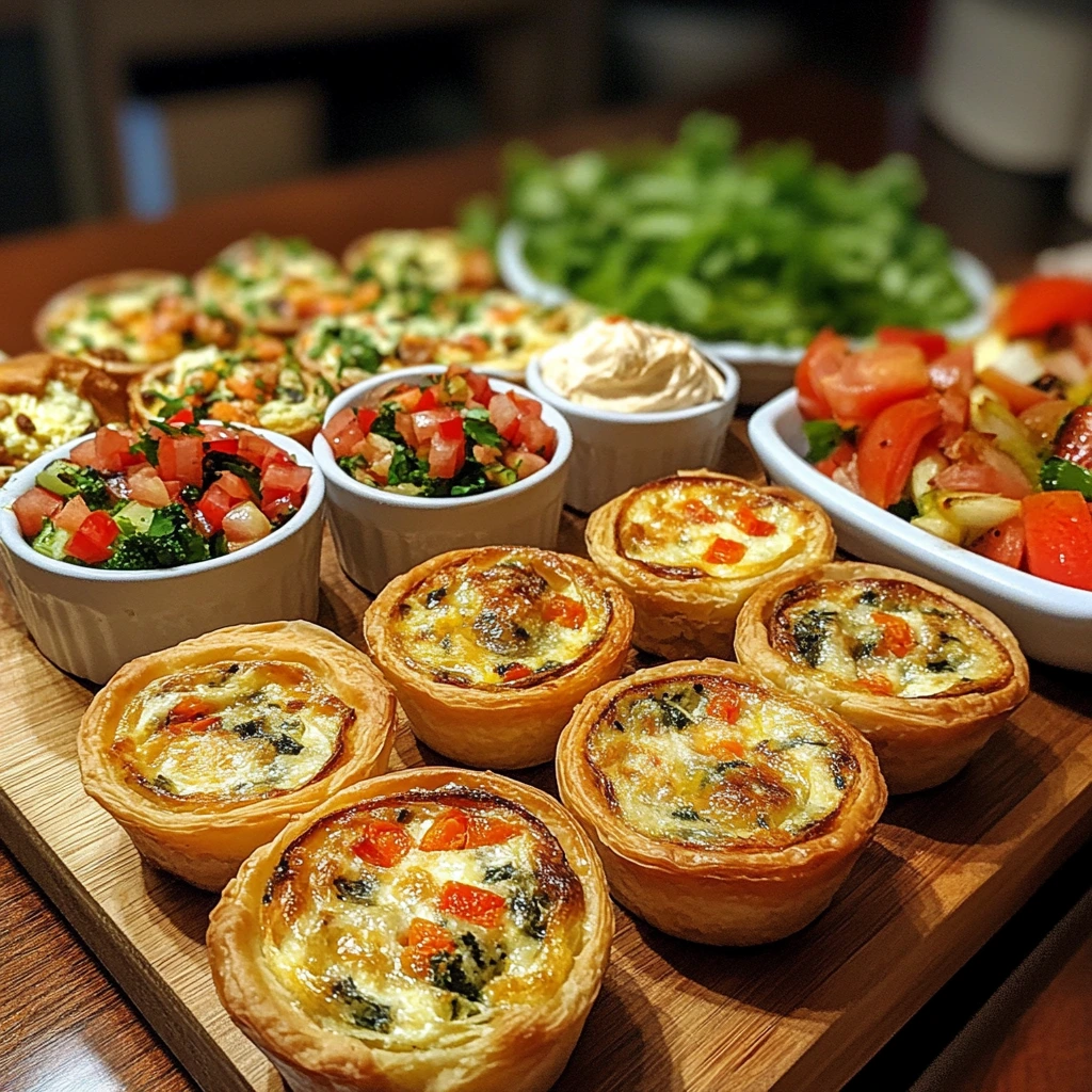 Mini quiches served on a platter alongside a fresh green salad, roasted vegetables, and tomato salad.