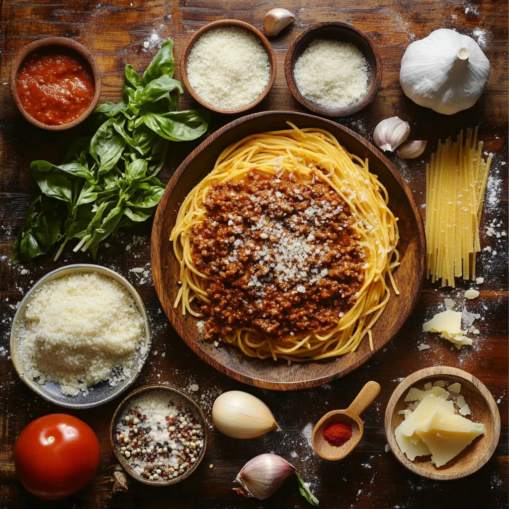 A steaming bowl of Spaghetti Bolognese topped with grated Parmesan cheese and fresh basil leaves.