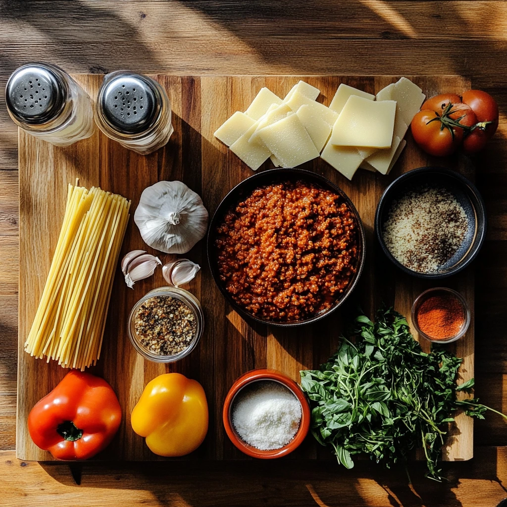 Spaghetti Bolognese ingredients, including spaghetti, garlic, fresh tomatoes, bell peppers, minced meat sauce, cheese, and herbs.