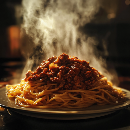 A steaming plate of Spaghetti Bolognese, highlighting its rich meat sauce and perfectly reheated texture.