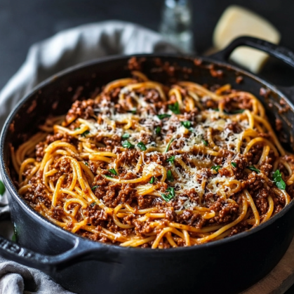 A cast-iron skillet filled with freshly cooked Spaghetti Bolognese, topped with grated Parmesan and garnished with fresh parsley.