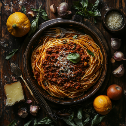 A hearty plate of Spaghetti Bolognese topped with grated Parmesan and garnished with fresh herbs.