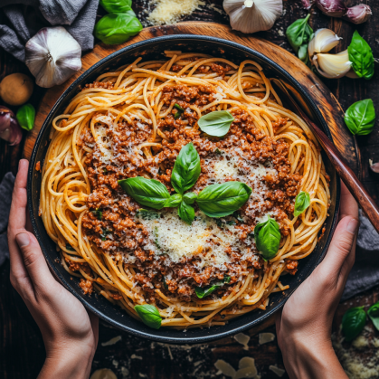 A bowl of Spaghetti Bolognese topped with grated parmesan and fresh parsley, showcasing its rich and hearty sauce.