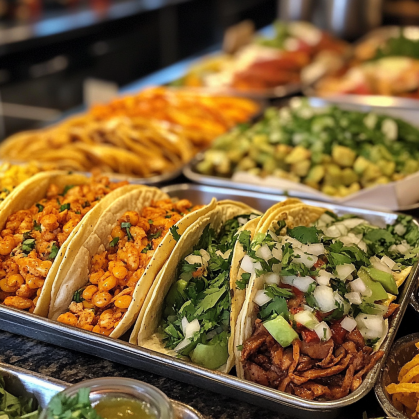 Colorful taco bar setup with various toppings, fresh tortillas, and vibrant garnishes