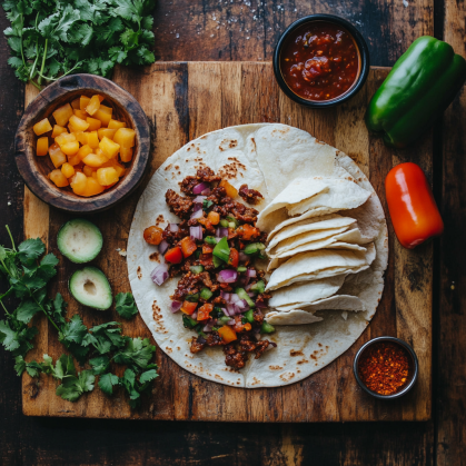 Taco ingredients on a wooden board, including tortillas, seasoned ground meat, chopped vegetables, and fresh herbs.