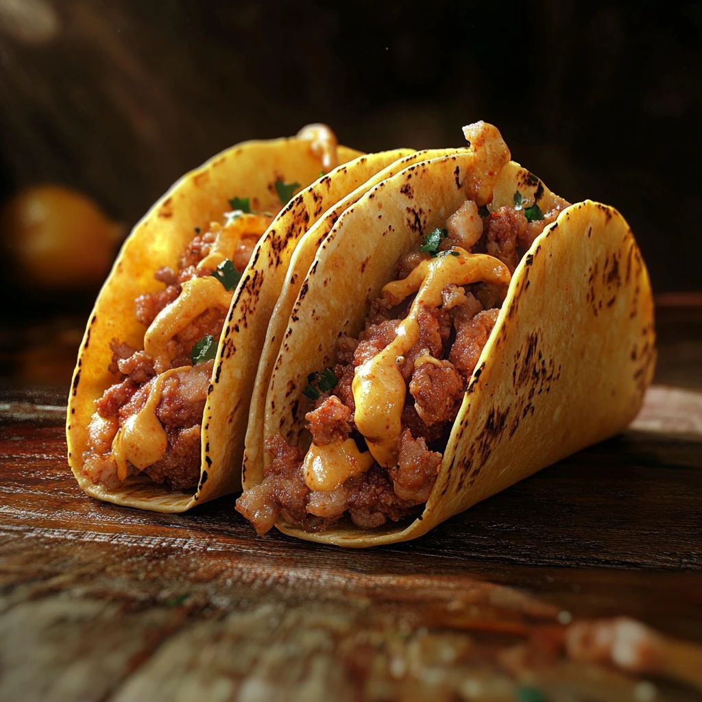 Delicious tacos filled with fresh ingredients including seasoned meat, vegetables, and garnished with cilantro and lime.