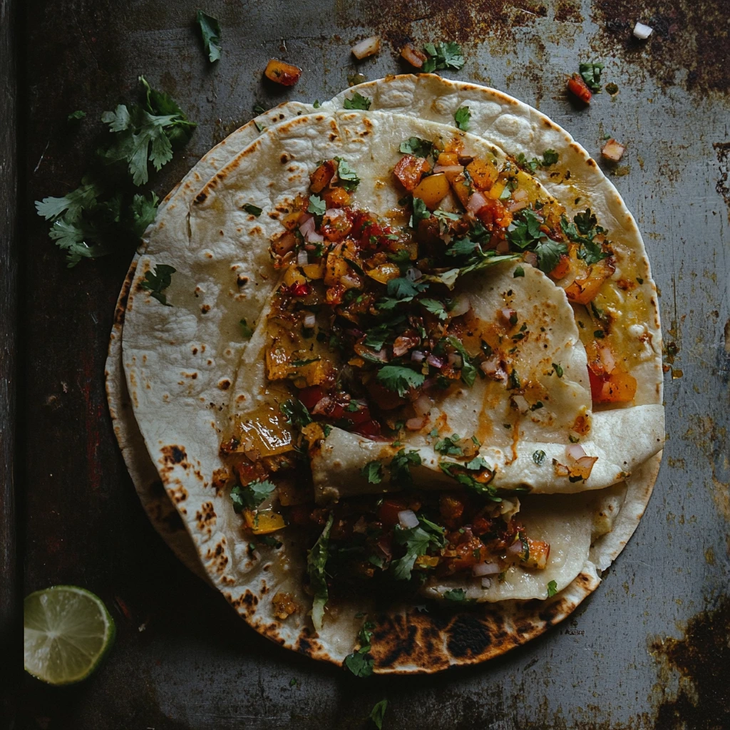 Freshly prepared tacos filled with roasted vegetables, herbs, and salsa on lightly charred tortillas.