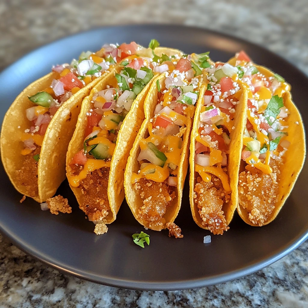 Crispy tacos filled with breaded chicken, fresh pico de gallo, cheese, and a drizzle of sauce on a dark plate.