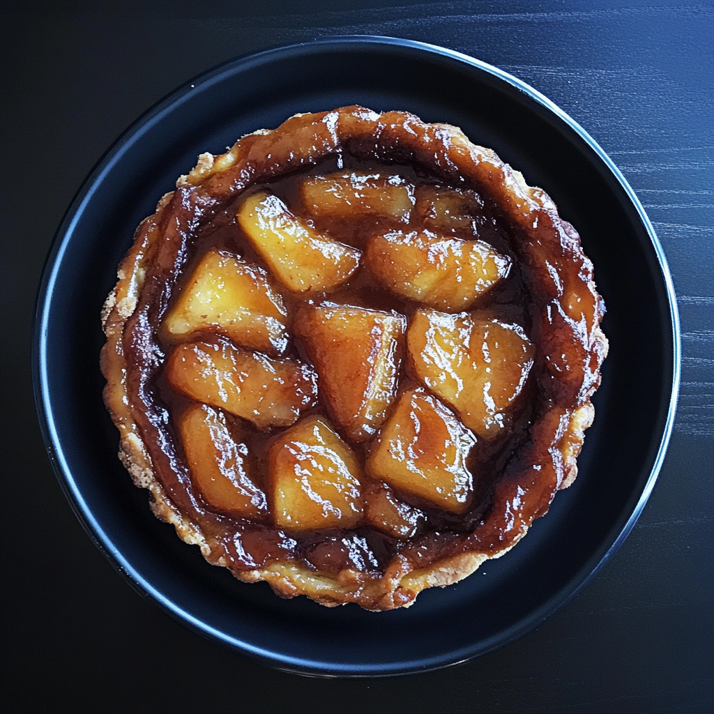 A classic Tarte Tatin with caramelized apple pieces on a dark plate.