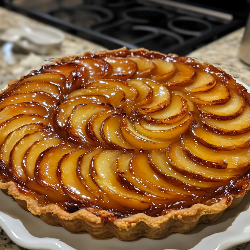 A freshly baked Tarte Tatin with caramelized apples on a golden crust.