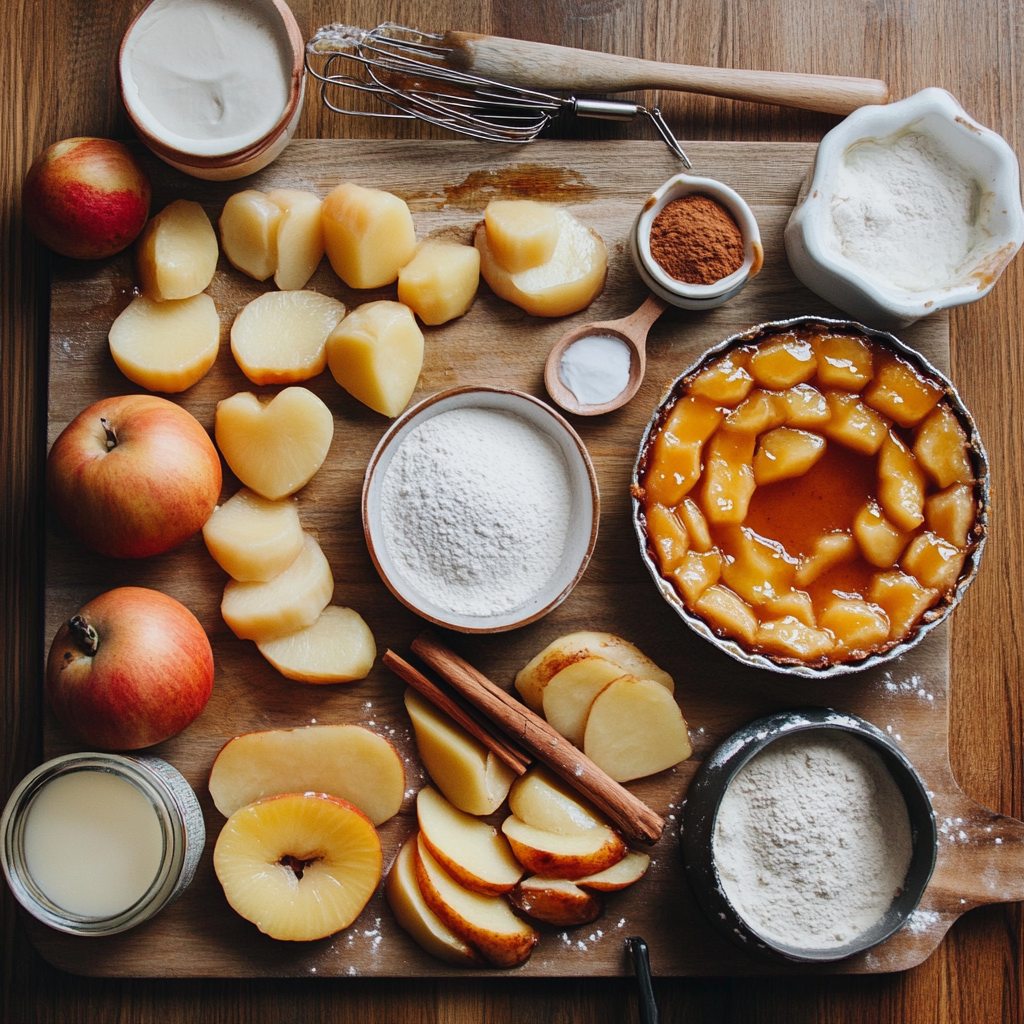 Ingredients for Tarte Tatin arranged on a wooden board, including apples, caramel, flour, cinnamon sticks, sugar, and cream.