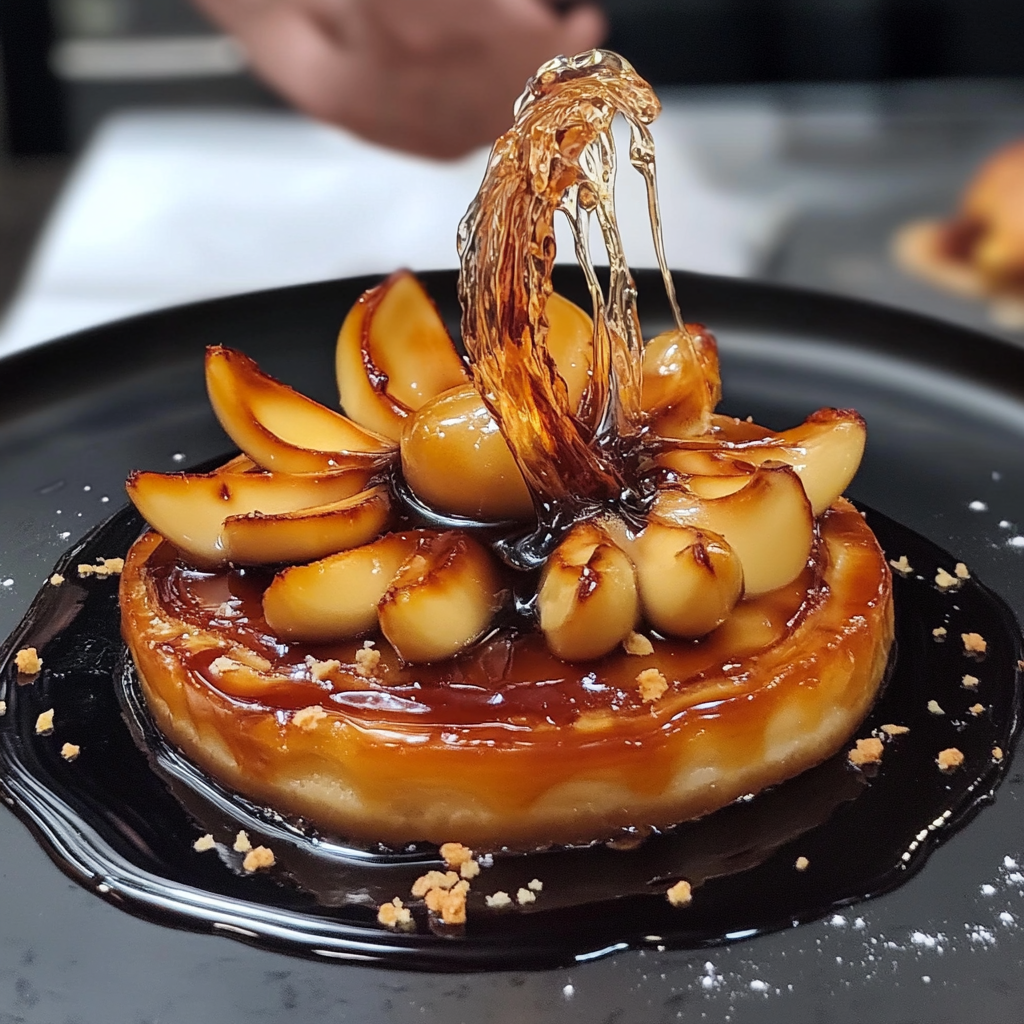 A beautifully served Tarte Tatin with caramelized apples and an elegant sugar garnish on a black plate.