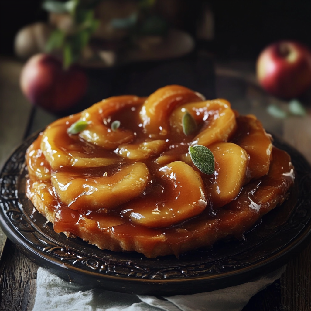 A mouthwatering Tarte Tatin with caramelized apples and a golden crust, served fresh.