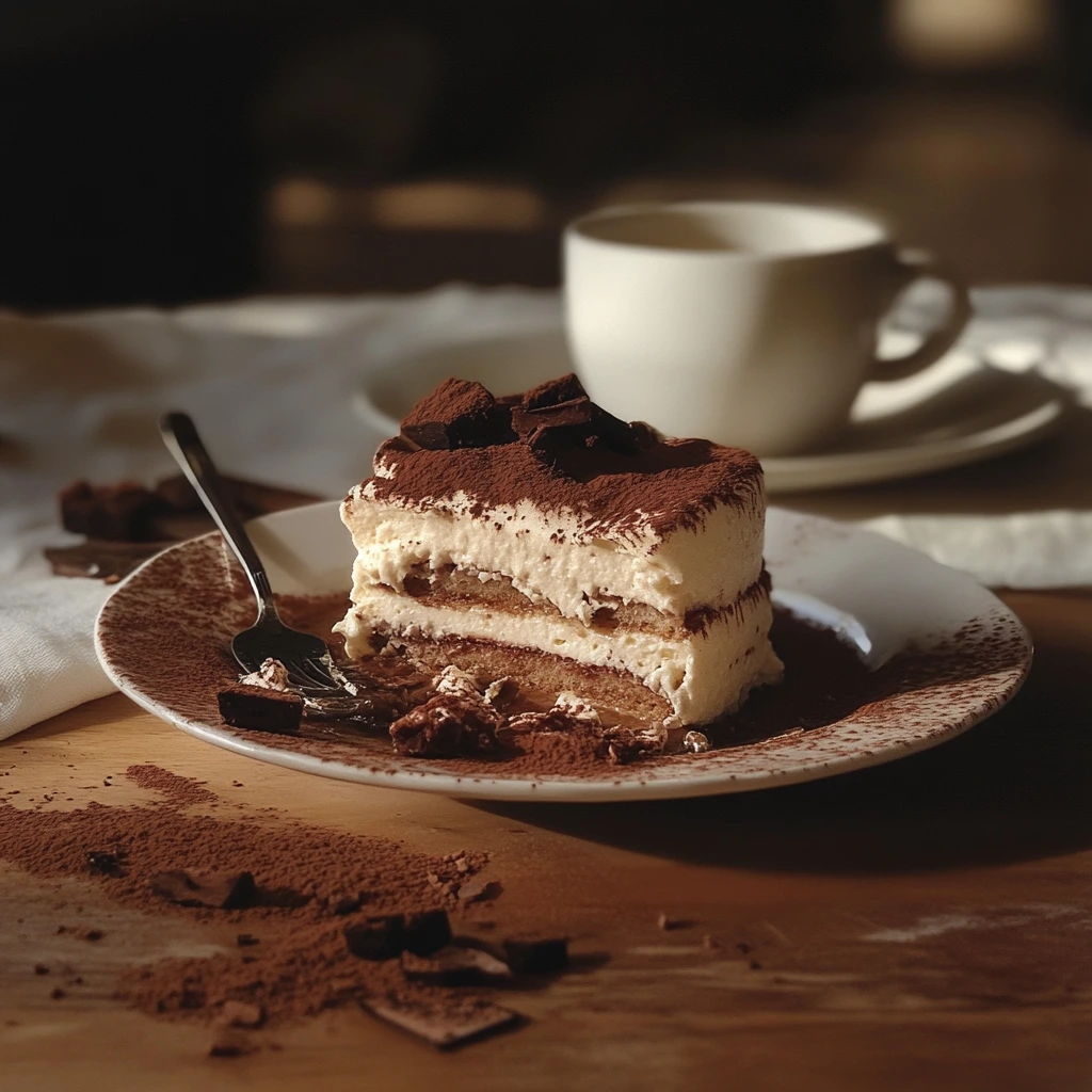 A slice of tiramisu, dusted with cocoa powder and topped with chocolate chunks, accompanied by a white coffee cup.