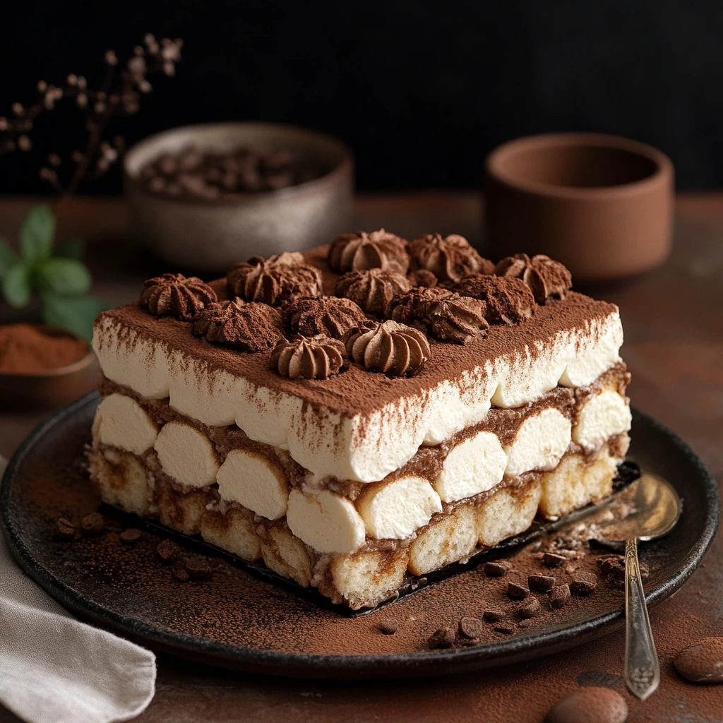 Tiramisu on a plate, layered with mascarpone cream and coffee-soaked ladyfingers, dusted with cocoa powder.