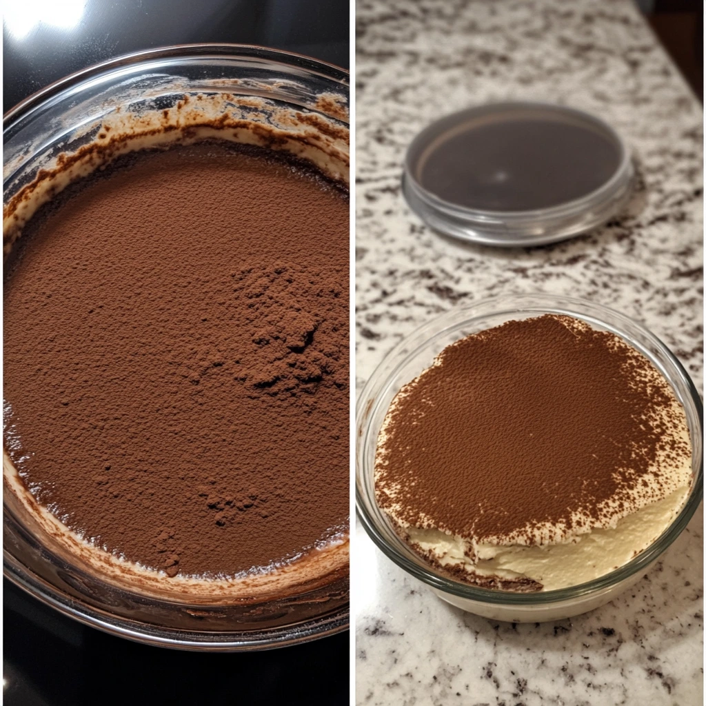 Two glass bowls filled with tiramisu, one showcasing a close-up of the cocoa-dusted top and the other displaying the dessert on a marble countertop.