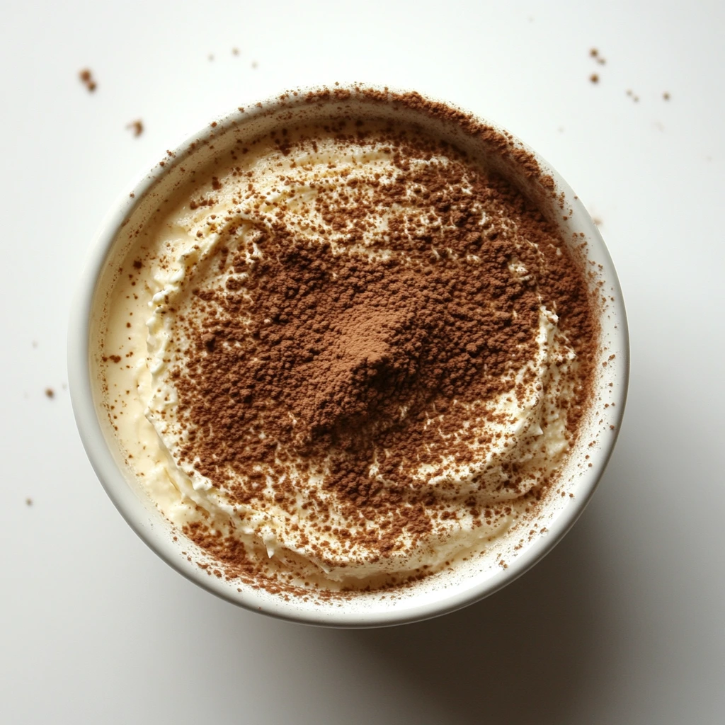 Tiramisu in a white bowl, with a generous dusting of cocoa powder on the creamy surface.