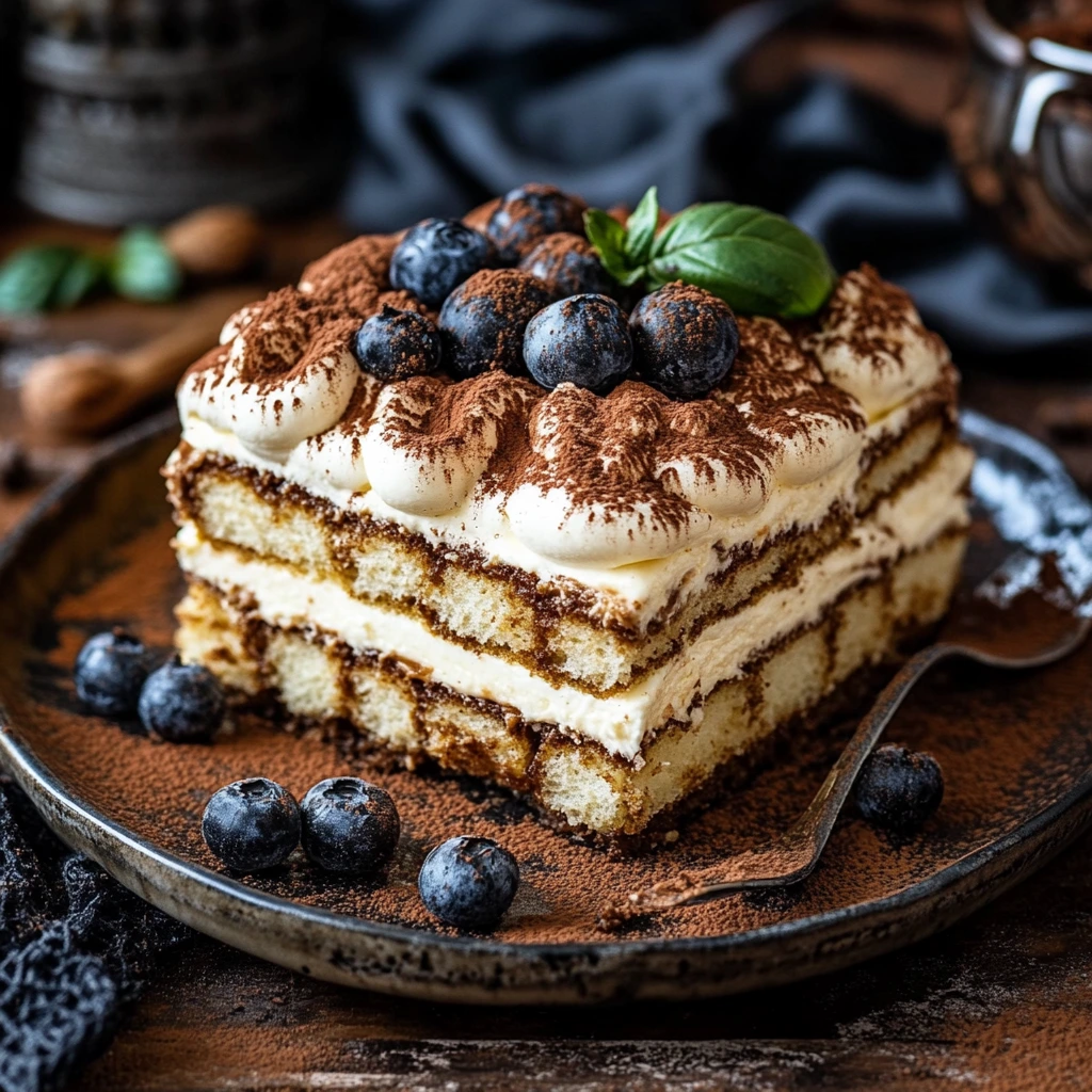 A close-up of tiramisu with visible layers of mascarpone cream and coffee-soaked ladyfingers, garnished with cocoa powder.