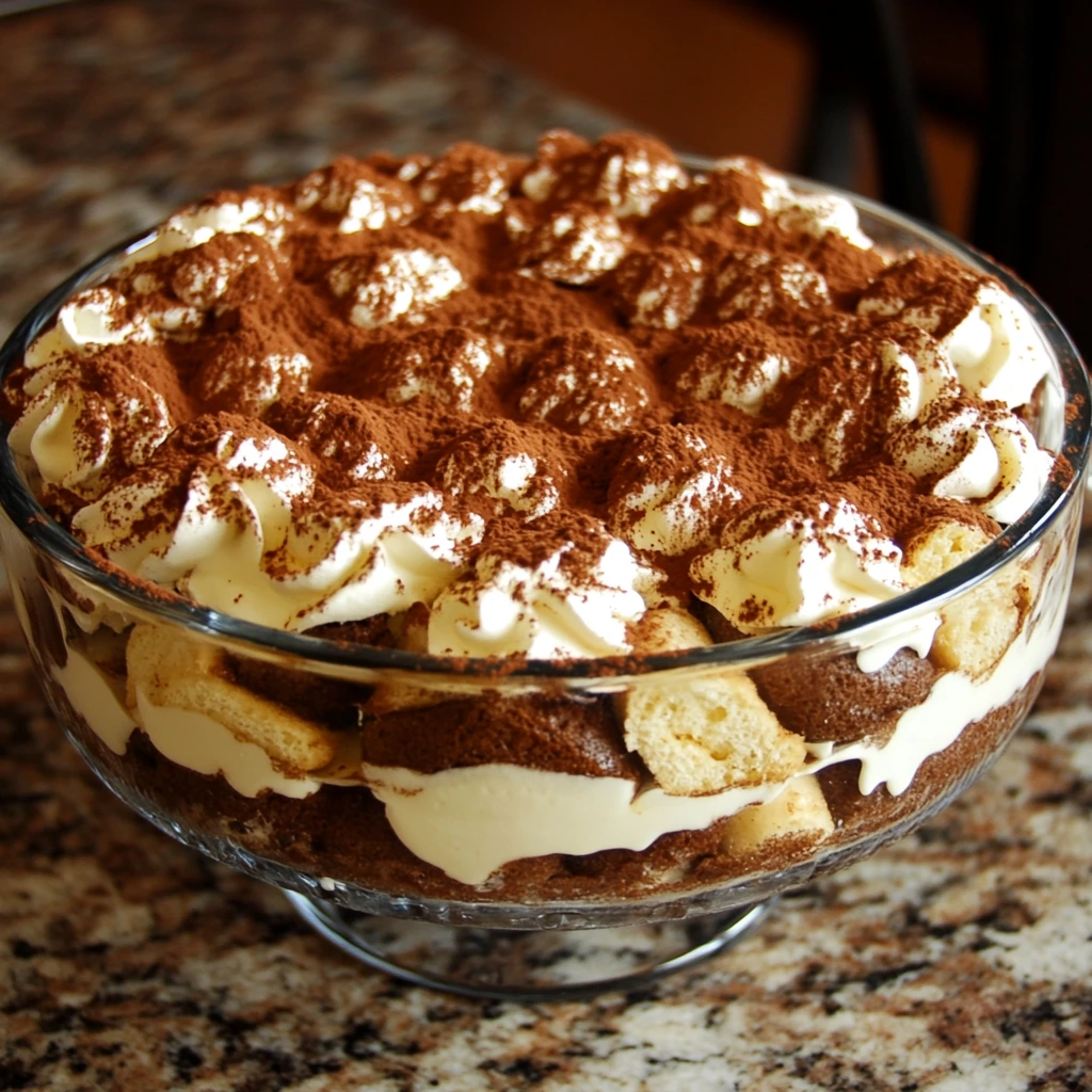 A chocolate overload tiramisu with layers of chocolate mascarpone, chocolate-soaked ladyfingers, and topped with chocolate shavings and cocoa powder.