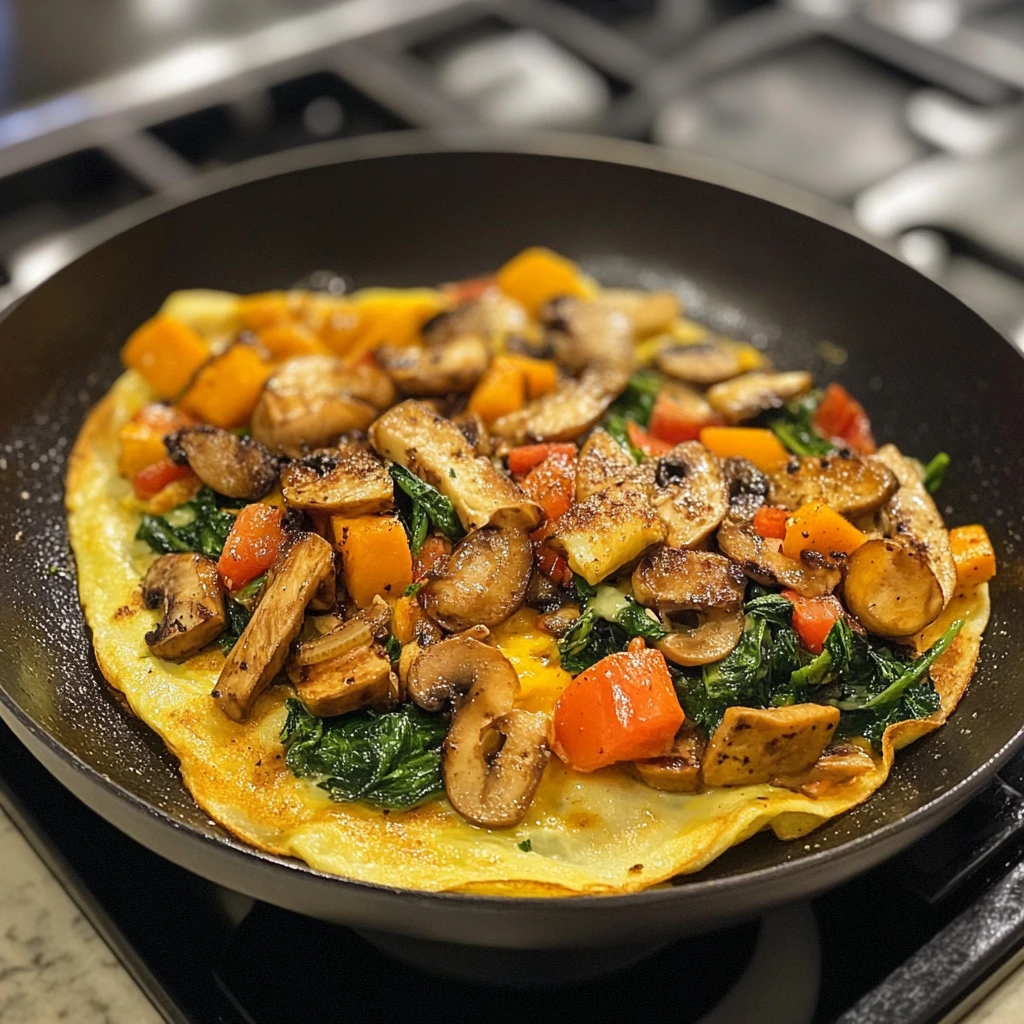 Vegetarian omelet filled with spinach, mushrooms, and bell peppers