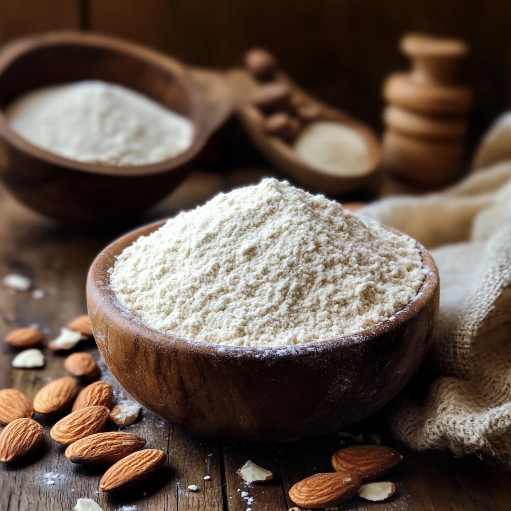 A wooden bowl filled with finely ground almond flour, surrounded by whole almonds and a rustic kitchen setting.