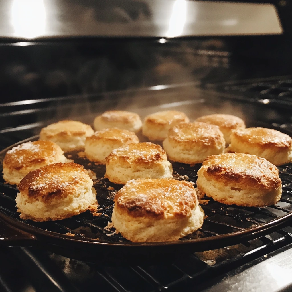 Freshly baked almond flour biscuits on a baking tray, golden brown and steaming.